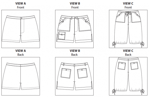 Angelia Short PDF Sewing Pattern View A B and C Line Drawings