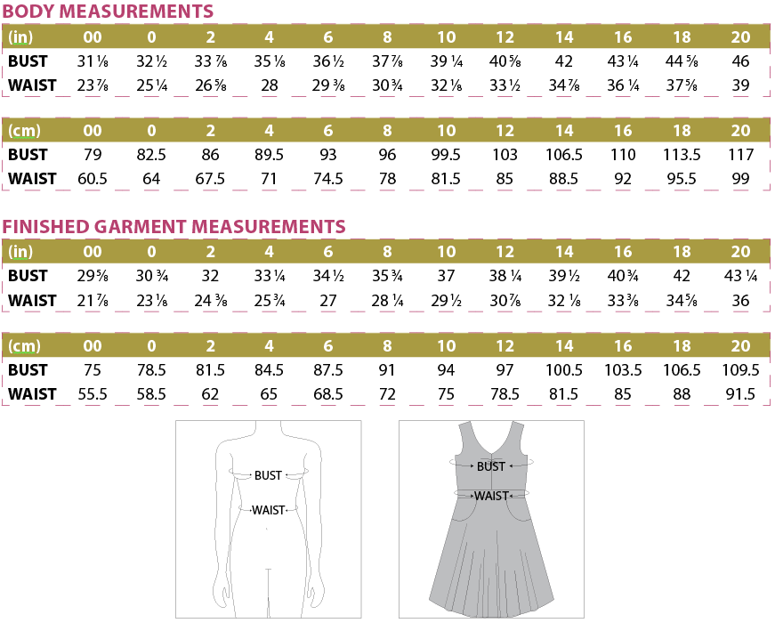 Davina Dress PDF Sewing Pattern Body and Finished Garment Measurements