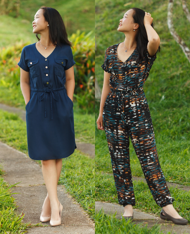 A photo of a finished Anza Jumpsuit and Dress.