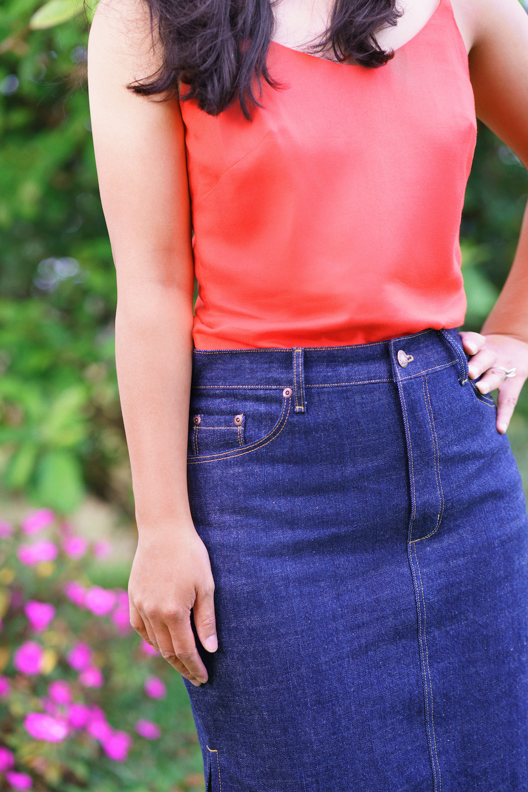 red denim skirt white stitching