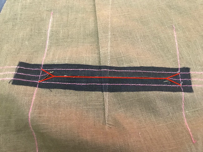 How to construct a double-welt pocket with button and button loop and a dart