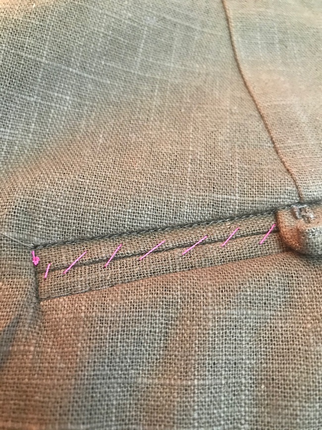 How to construct a double-welt pocket with button and button loop and a dart