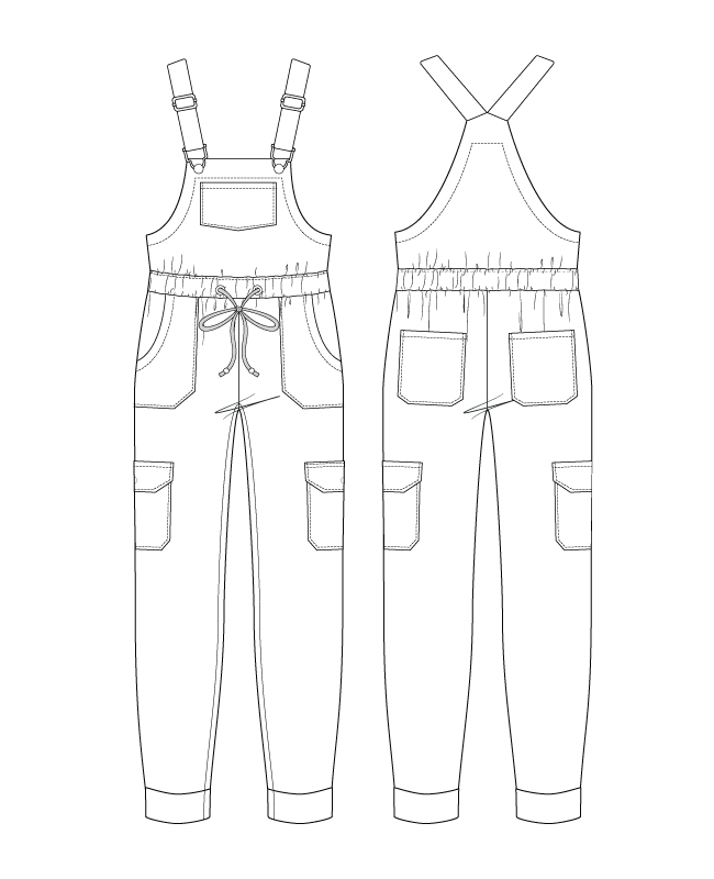 Itch to Stitch Varzim Overalls PDF Sewing Pattern Line Drawings