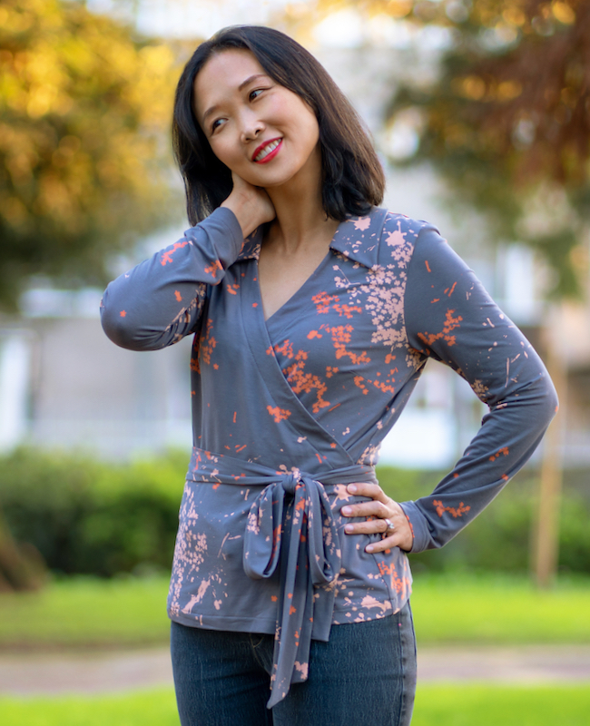 A photo of a finished Coimbra Wrap Top.