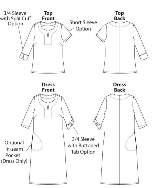 Itch to Stitch Vikos Top & Dress PDF Sewing Pattern Line Drawings