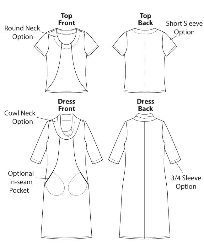 Itch to Stitch Simien Top & Dress PDF Sewing Pattern Line Drawings