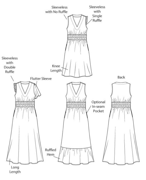 Itch to Stitch Sorata Dress PDF Sewing Pattern Line Drawings